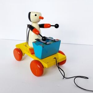 Vintage 1960s Wooden Pull-along Xylophone Playing Penguin Toy- Czechoslovakia